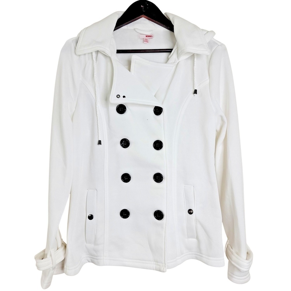 Bongo Womens XL Peacoat Jacket White Hooded‎ Double Breasted Y2K NWT